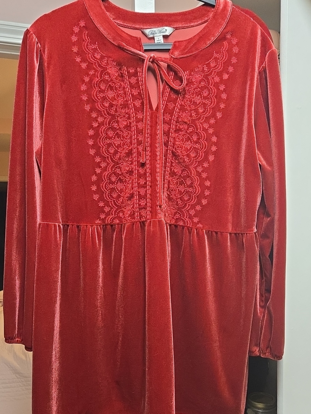 The Pioneer Woman Red Velvet Embroidered Tie-Neck Tunic